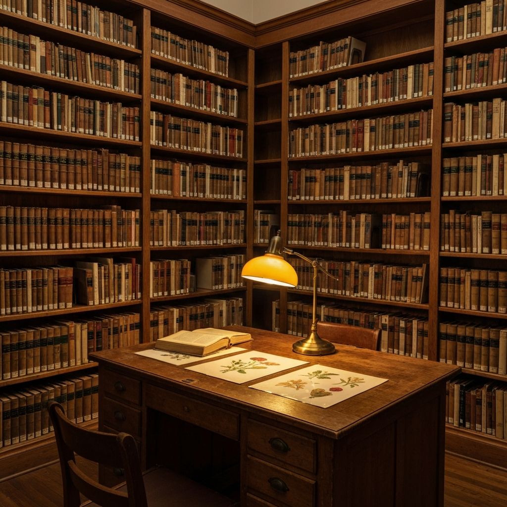 A serene research library with tall wooden shelves, warm amber light, and botanical specimens on a desk